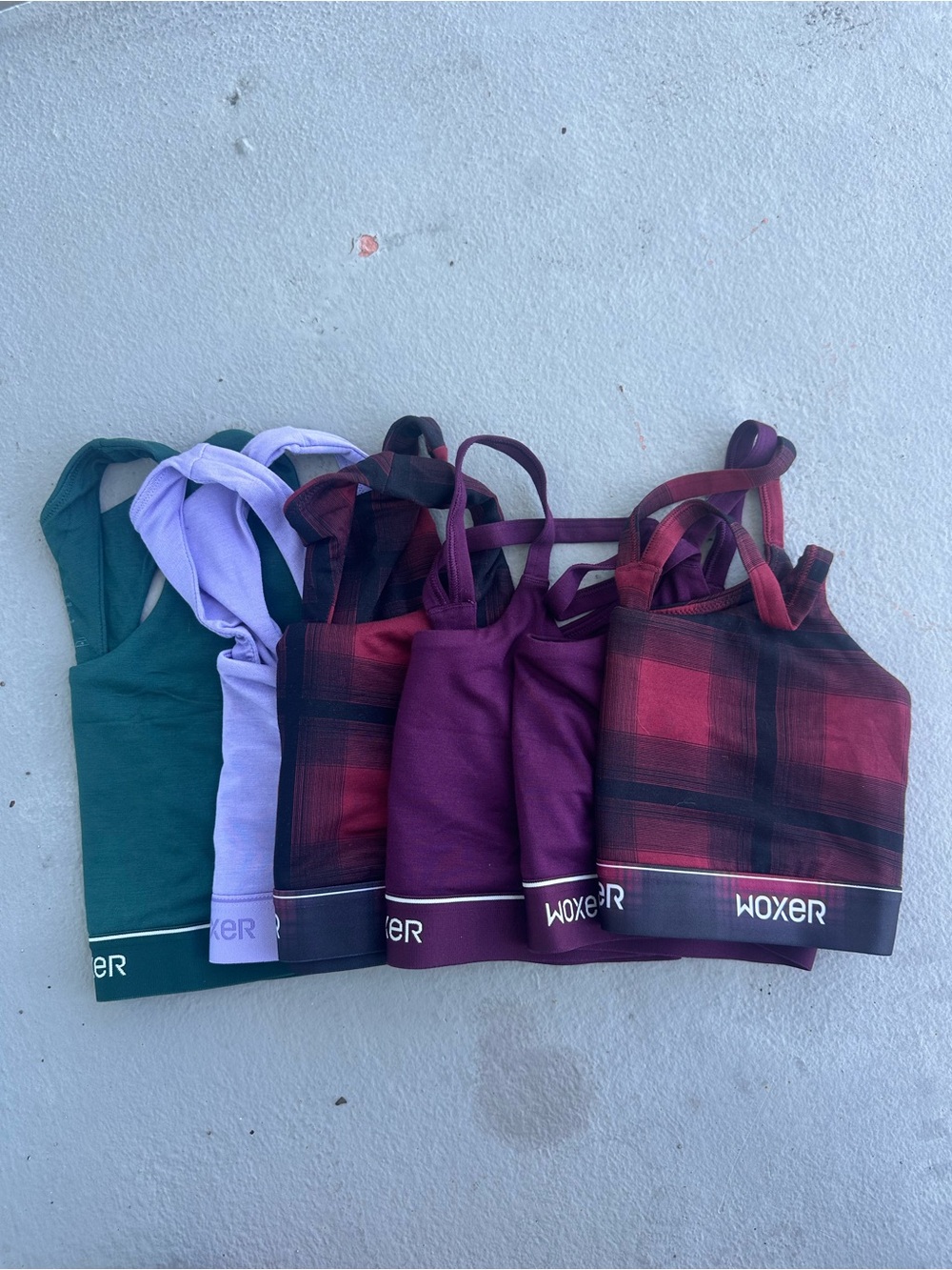 NWOT Bundle of 6 Woxer Sports Bras - Green, Lavender, Purple, Burgundy Plaid